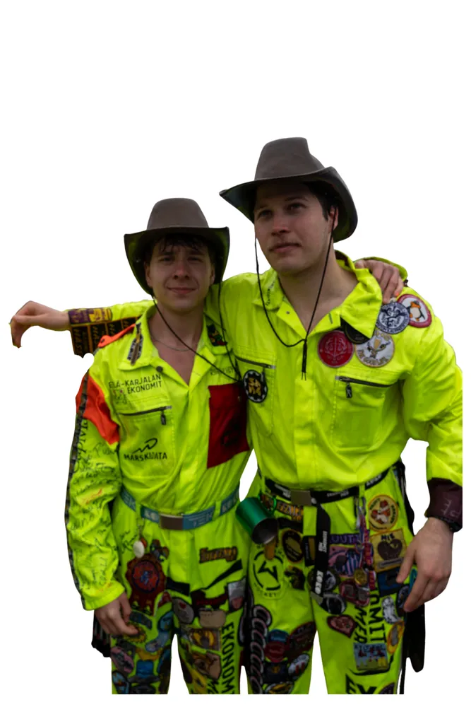 Fresher captains Otto Rantanen and Mikael Niemelä in overalls